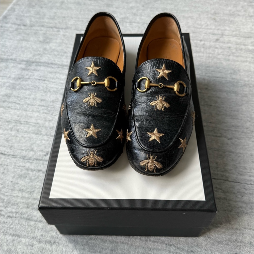 Gucci Black Leather Loafers with Gold Embroidery